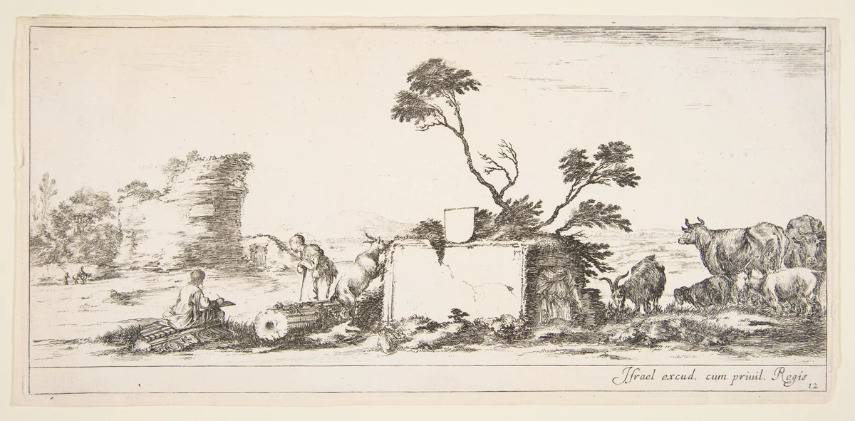 Plate 12: a seated draughtsman to left, a standing shepherd next to him to right, ruins and animals to the right, a tower in ruins to left in the background, from 'Various landscapes' (Divers paysages) by Stefano della Bella, print, 1636-1646