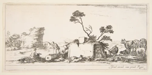Plate 12: a seated draughtsman to left, a standing shepherd next to him to right, ruins and animals to the right, a tower in ruins to left in the background, from 'Various landscapes' (Divers paysages) by Stefano della Bella, print, 1636-1646