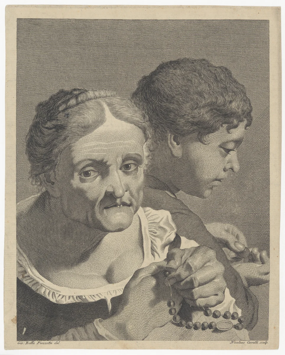 Copy in reverse of an old woman with a rosary and a boy counting coins; plate 10 from 'Icones ad vivum expressae' after Giovanni Battista Piazzetta by Niccolò Cavalli, print, 1745-1795