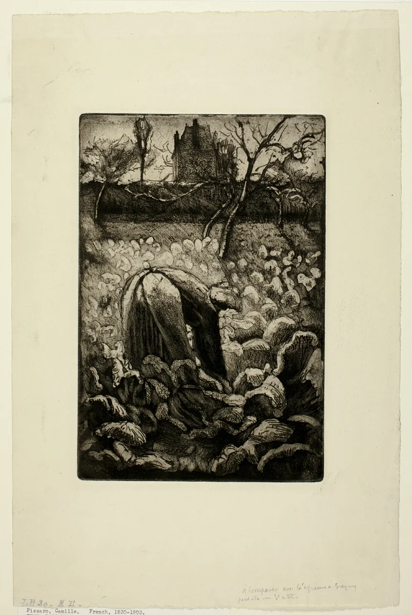 Woman in the Kitchen Garden by Camille Pissarro, print, 1875-1885