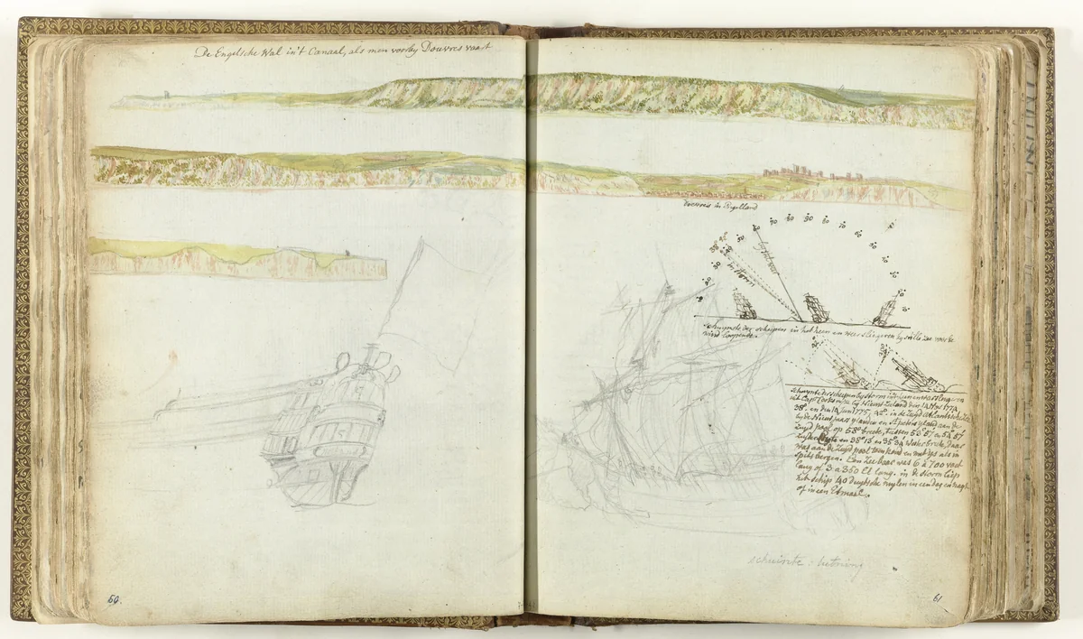 De rotsen van Dover, de spiegel van de 'Holland' en schuinliggende schepen. by Jan Brandes, drawing, 1778