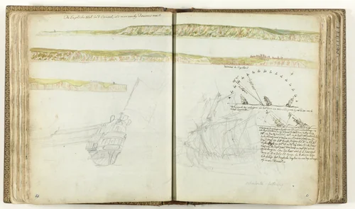 De rotsen van Dover, de spiegel van de 'Holland' en schuinliggende schepen. by Jan Brandes, drawing, 1778
