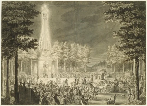Design for the Engraving "Réjouissances du Peuple . . . à Reims le 27 aout 1765" by Jean Michel Moreau le Jeune, drawing, 1767
