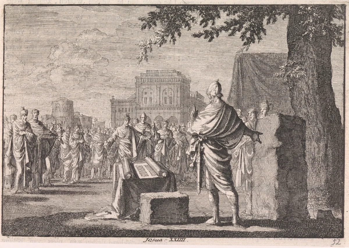 Jozua richt een gedenksteen op by Jan Luyken, print, 1703-1762