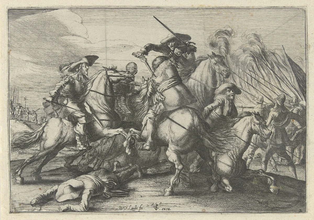 Vijf ruiters in gevecht by Willem van de Lande, print, 1635-1652