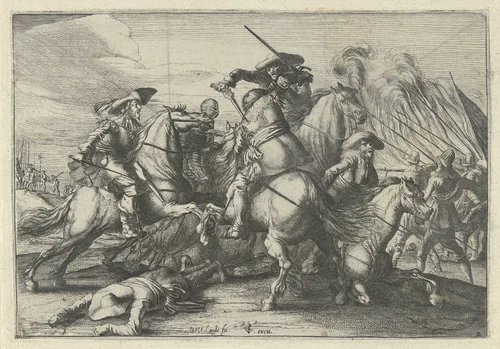 Vijf ruiters in gevecht by Willem van de Lande, print, 1635-1652