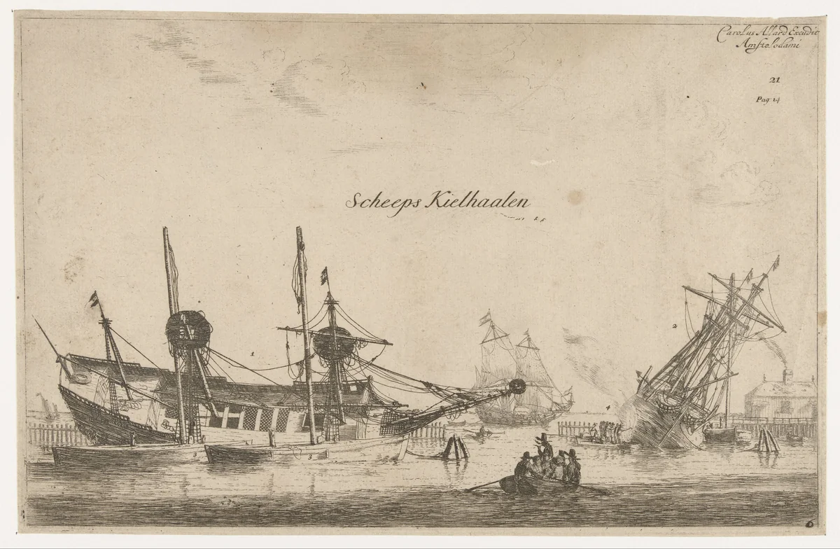 Twee gekielde zeilschepen by Reinier Nooms, print, 1650-1716