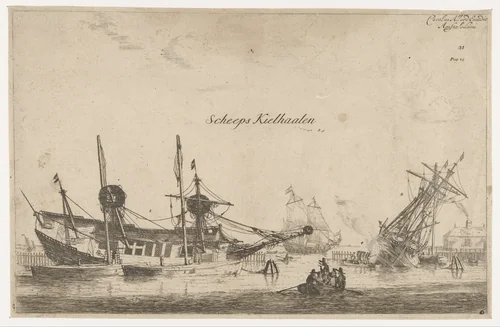 Twee gekielde zeilschepen by Reinier Nooms, print, 1650-1716