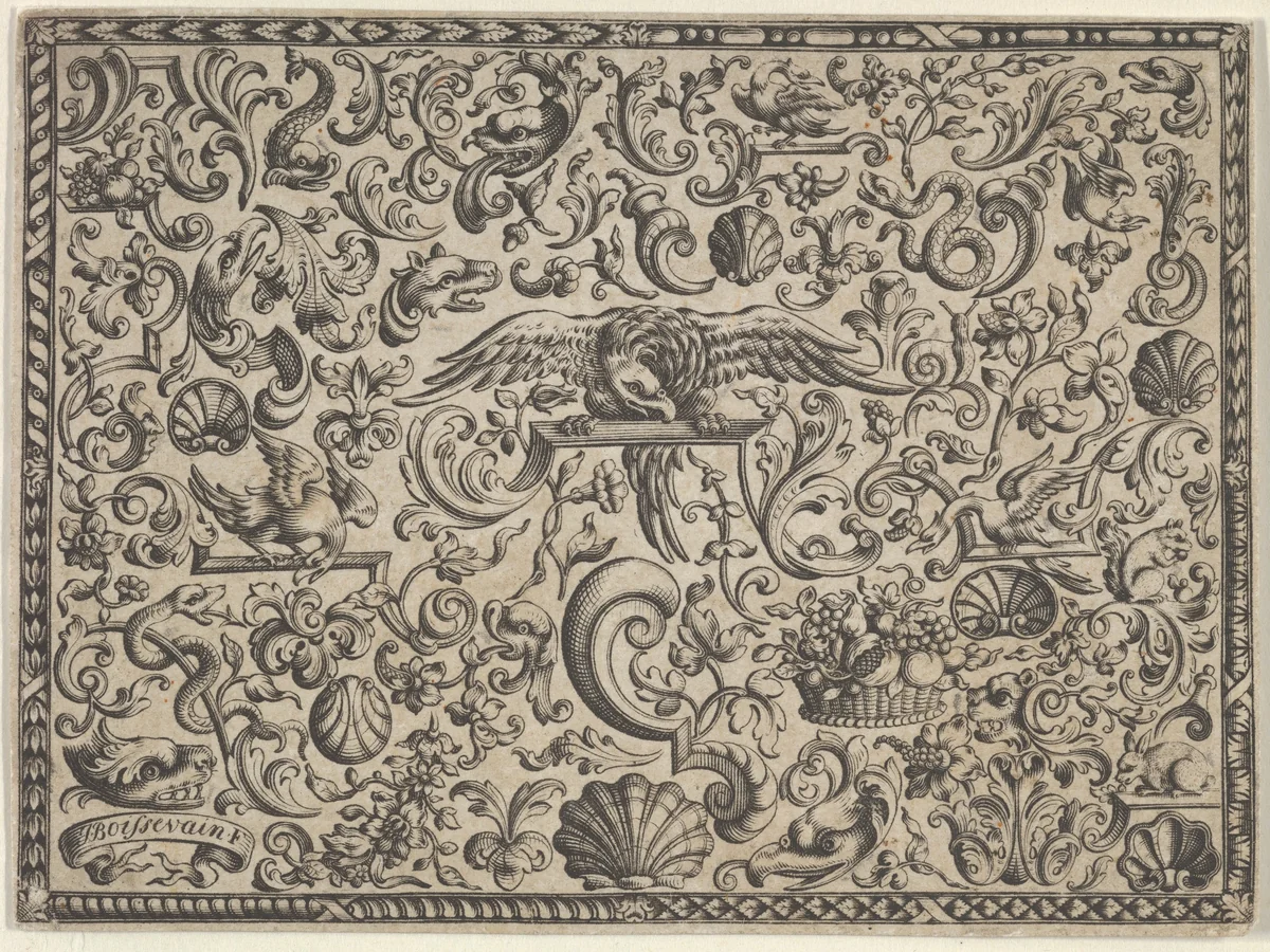 Horizontal Panel with a Bird Perched at Center by J. Boissevain, print, 1500-1699