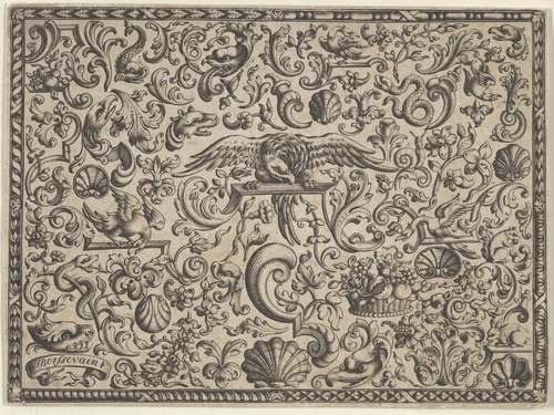 Horizontal Panel with a Bird Perched at Center by J. Boissevain, print, 1500-1699