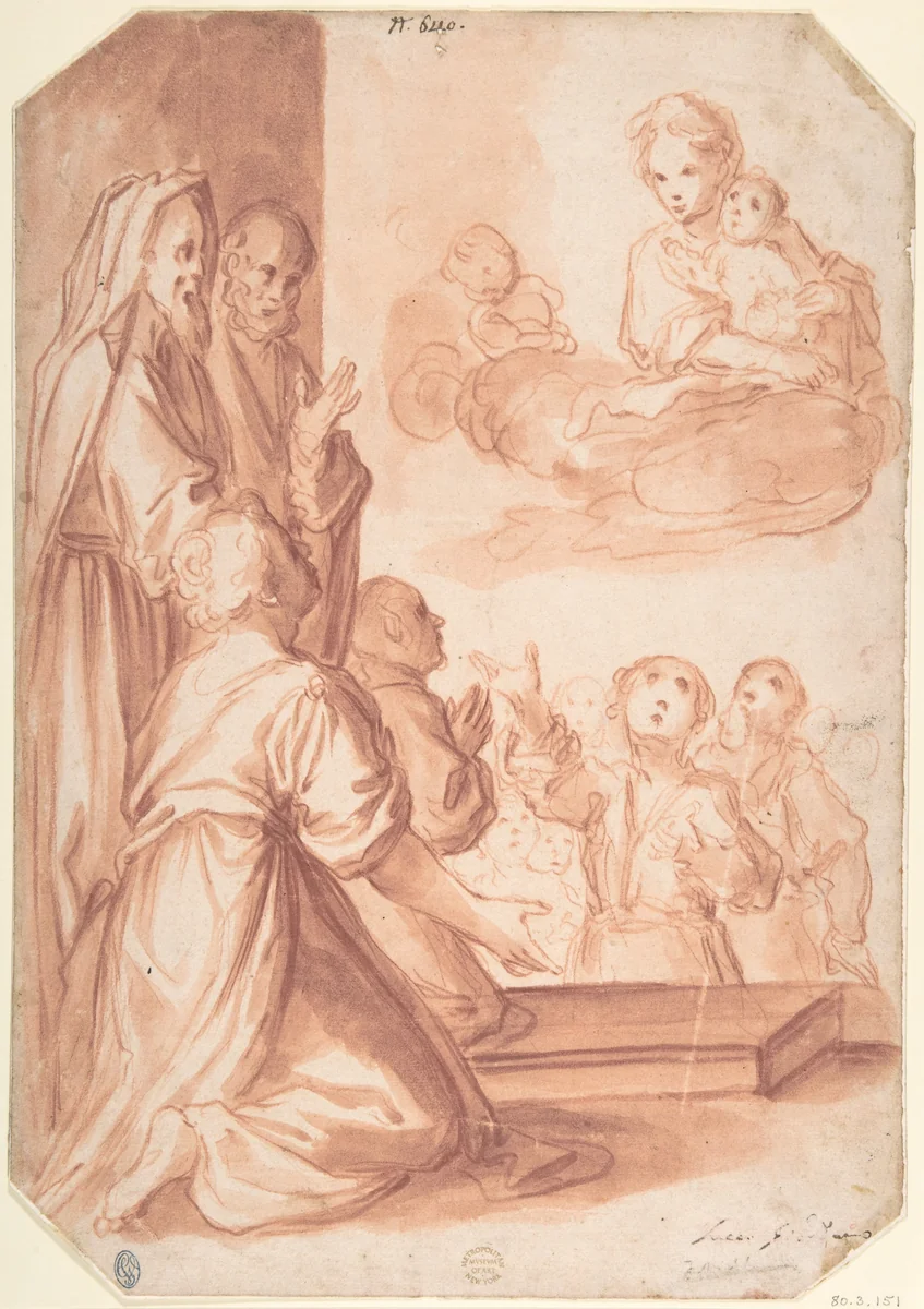 Madonna and Child and Worshippers by anonymous, drawing, 1500-1640