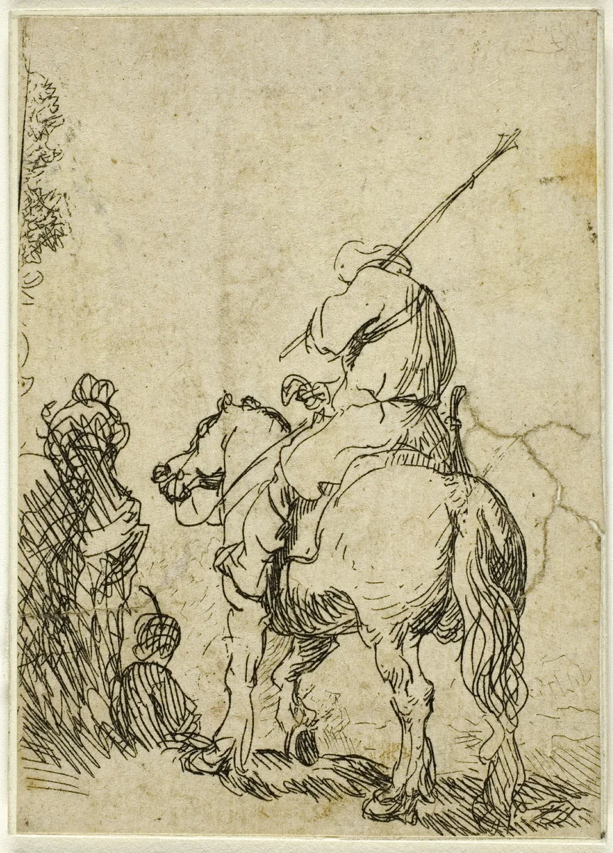 Turbaned Soldier on Horseback by Rembrandt van Rijn, print, 1624-1634
