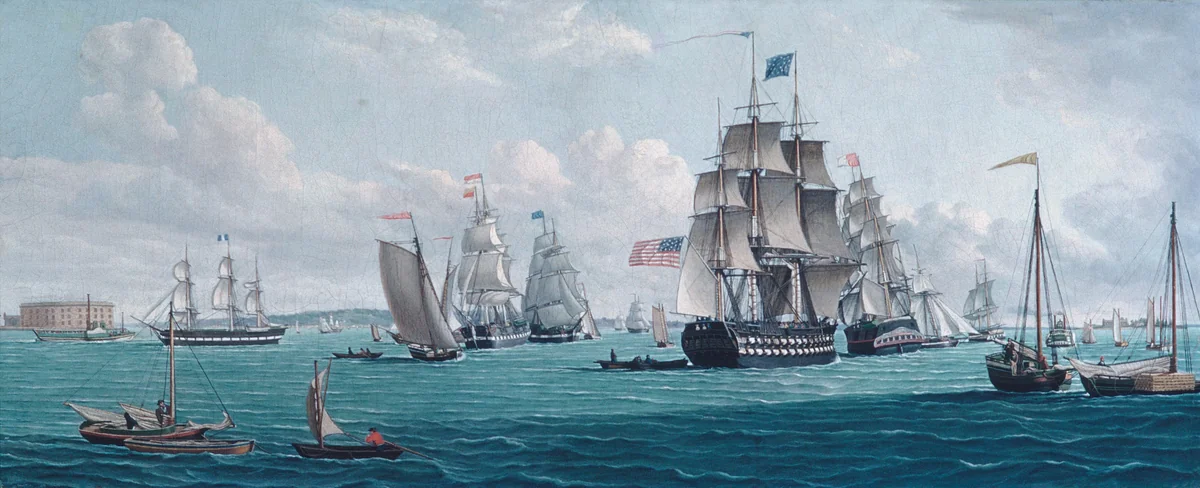 The U. S. Ship Franklin, with a View of the Bay of New York by Thomas Thompson, artwork, 1820-1830