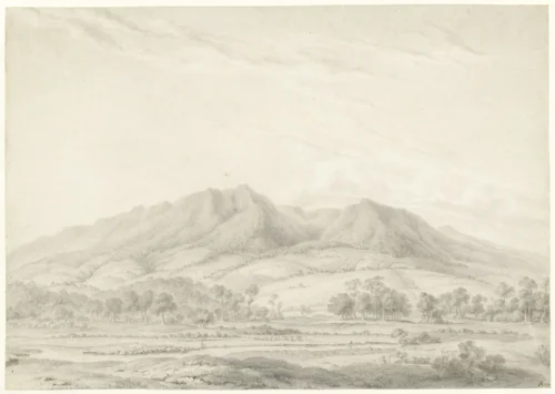 Gezicht op de vulkanen Salak en Gede op West-Java by Antoine Auguste Joseph Payen, drawing, 1820