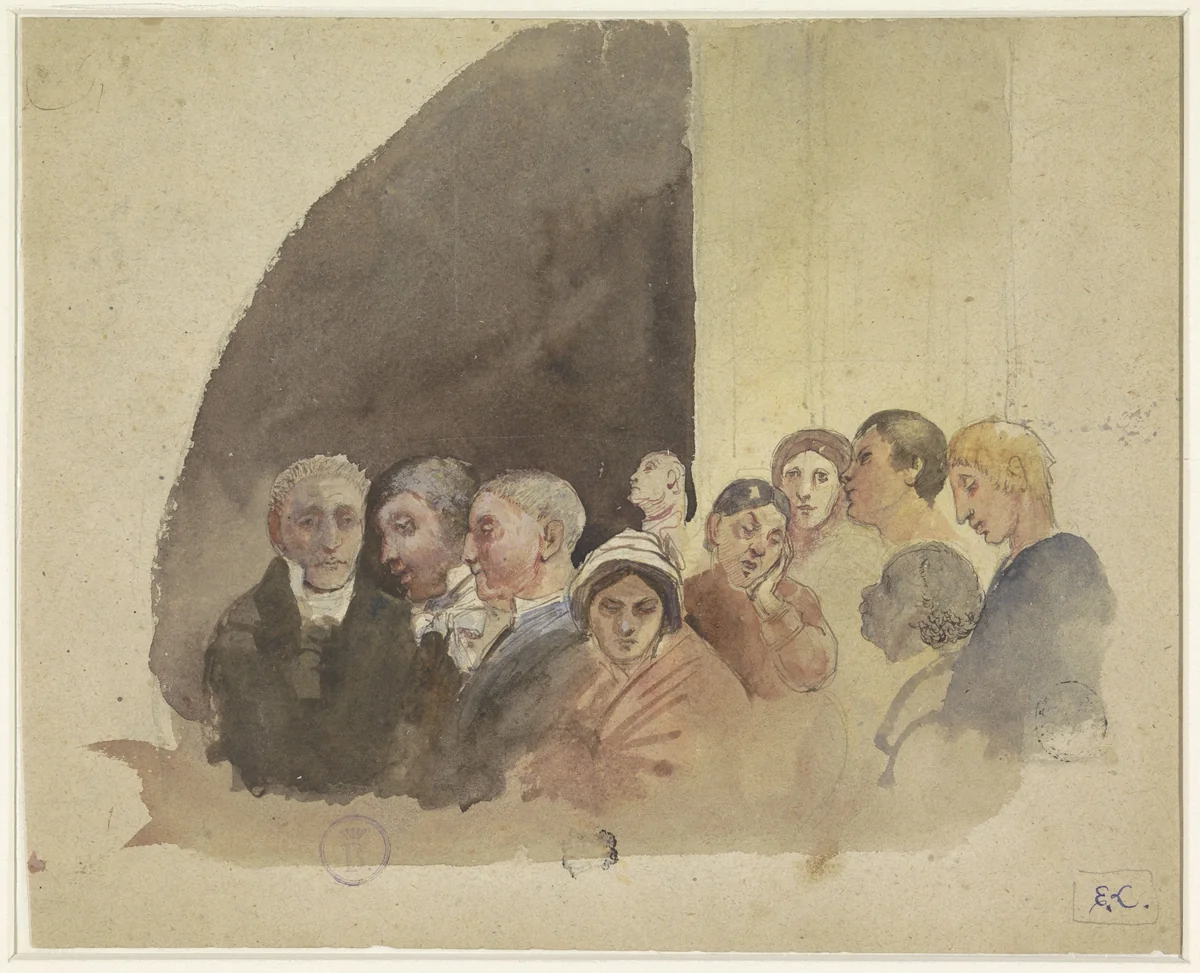 Verveelde toeschouwers bij een publieke voorstelling by Eugène Laermans, drawing, 1874-1940