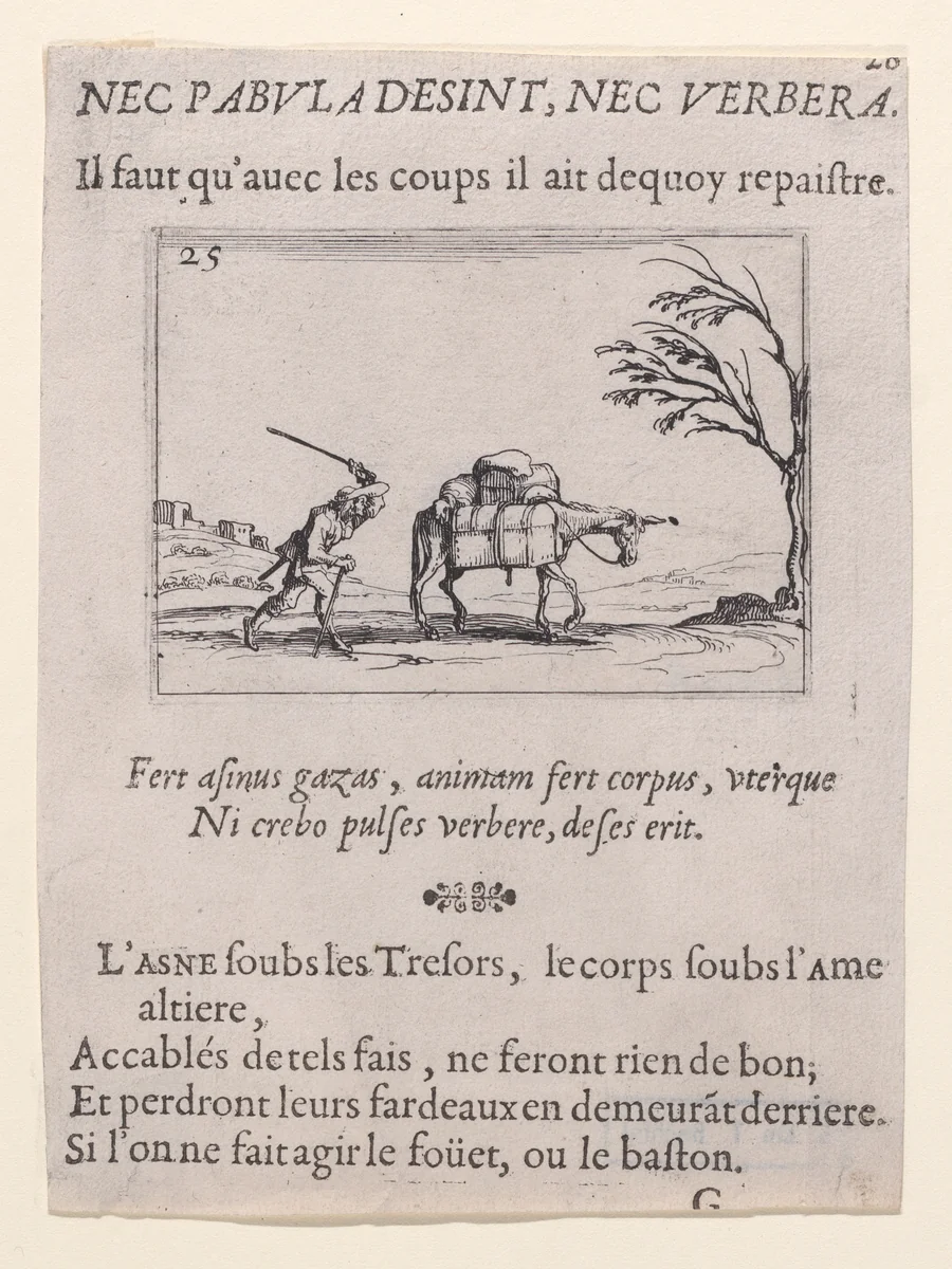 Le Paysan Frappant son Ane (The Peasant Striking his Donkey), plate 25 from "Lux Claustri ou La Lumière du Cloitre" (The Light of the Cloisters) by Jacques Callot, print, 1621-1635