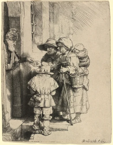 Beggars Receiving Alms at the Door of a House by Rembrandt van Rijn, print, 1648