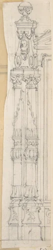 Design for a carved pillar next to a doorframe by anonymous, drawing, 1800-1900
