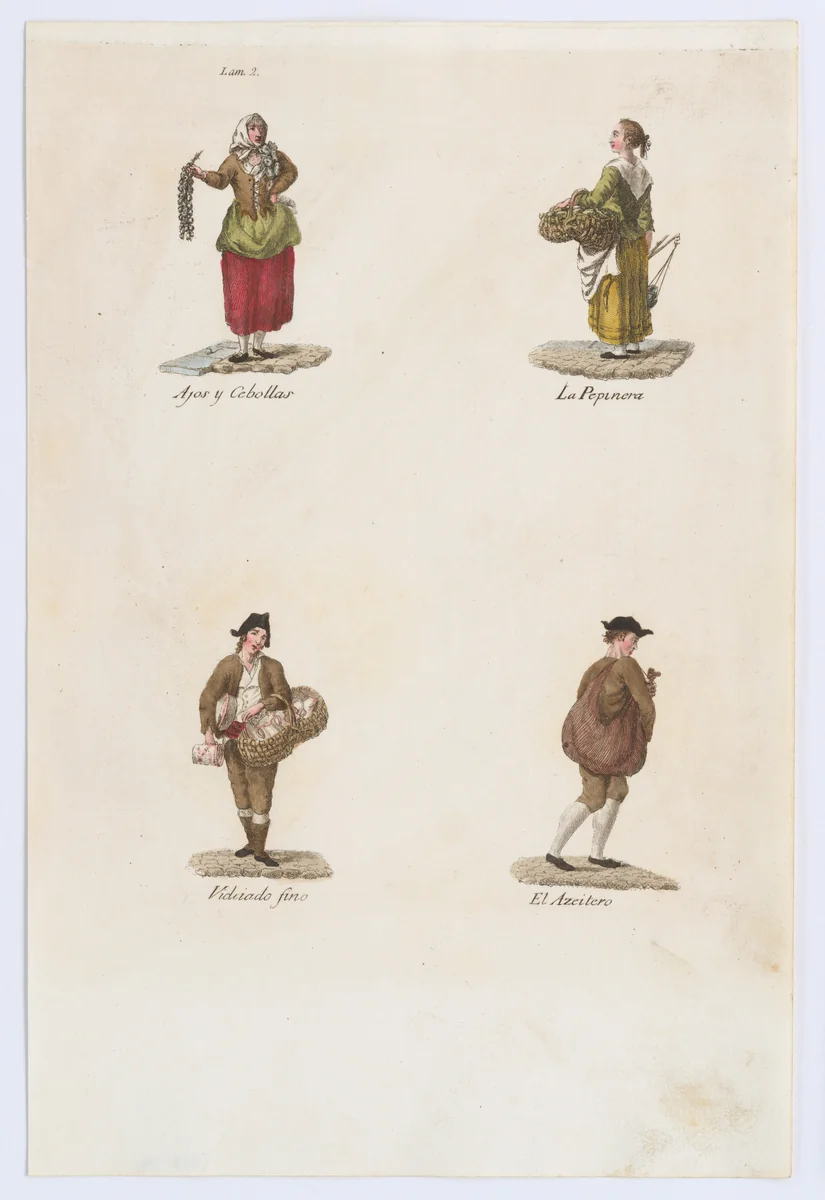 Plate 2: four street vendors from Madrid selling garlic and onions, cucumbers, fine crockery, oil, from 'Los Gritos de Madrid' (The Cries of Madrid) by Miguel Gamborino, print, 1809-1817