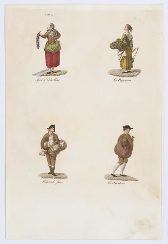 Plate 2: four street vendors from Madrid selling garlic and onions, cucumbers, fine crockery, oil, from 'Los Gritos de Madrid' (The Cries of Madrid) by Miguel Gamborino, print, 1809-1817