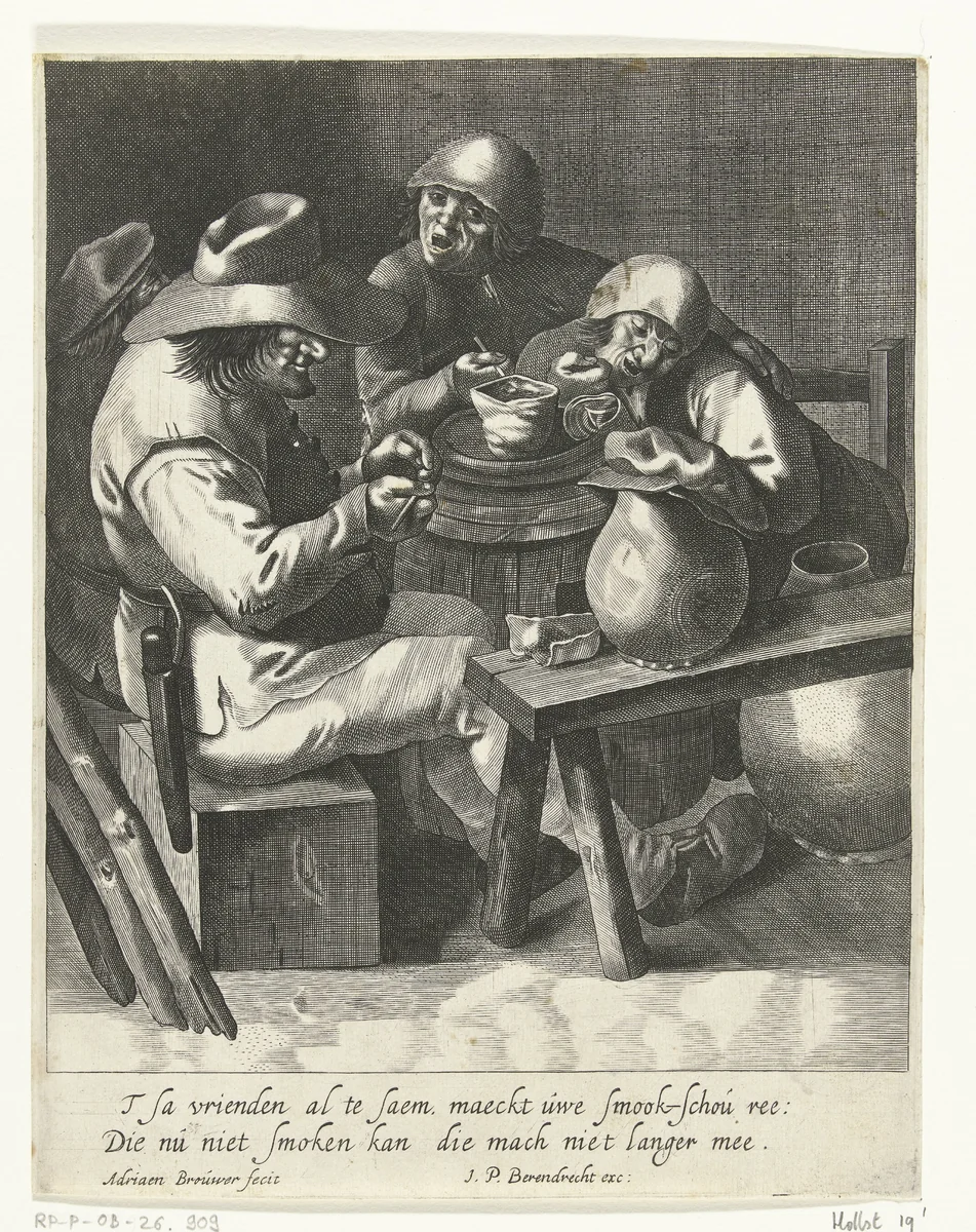 Vier boeren zittend rond een ton by anonymous, print, 1620-1645