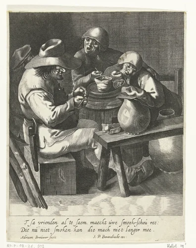 Vier boeren zittend rond een ton by anonymous, print, 1620-1645