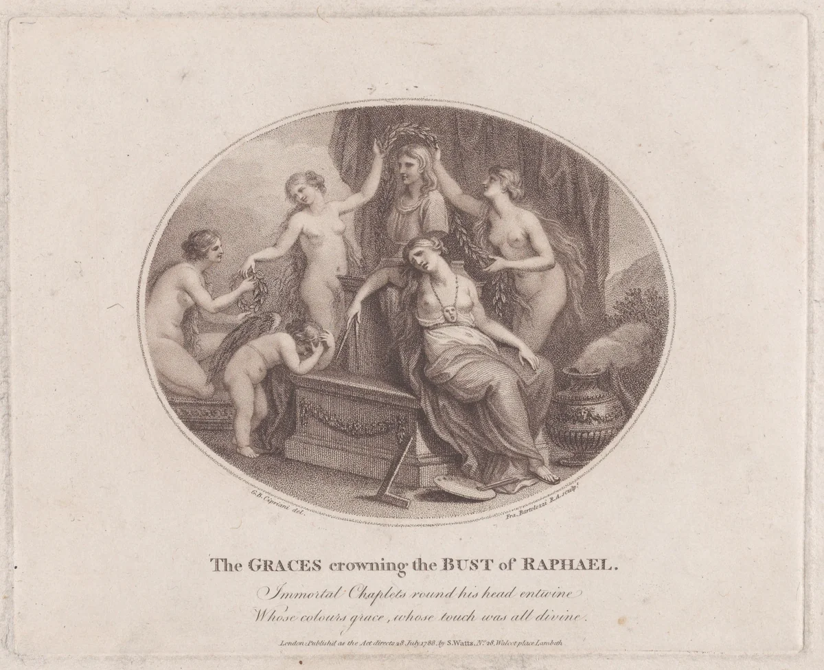 The Graces Crowning the Bust of Raphael by Francesco Bartolozzi, print, 1788