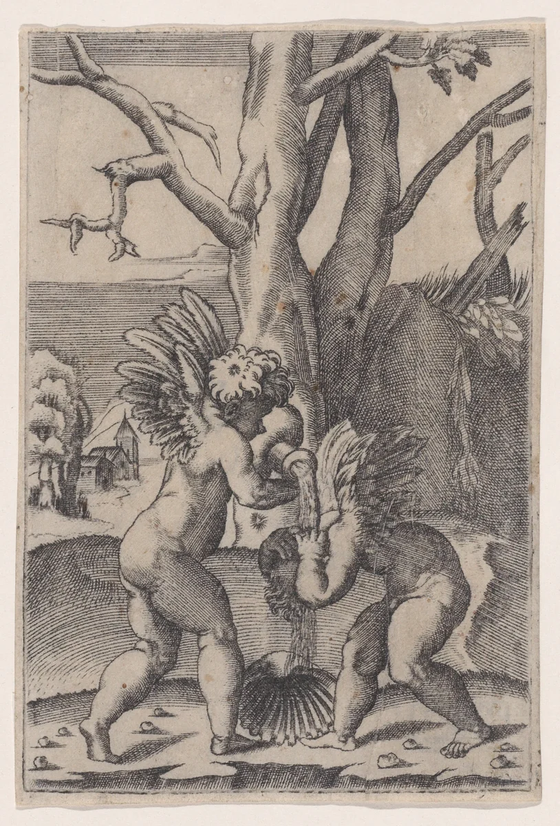 Two Cupids by Agostino Veneziano, print, 1514-1536