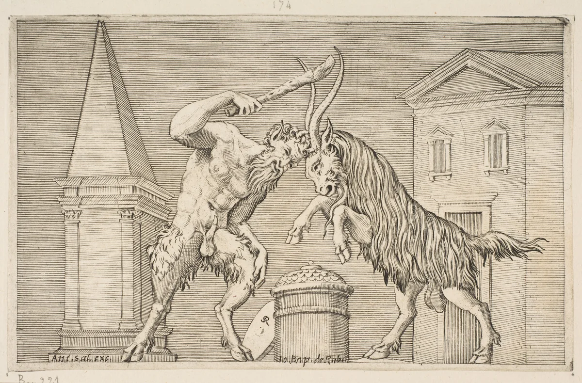 A satyr and a ram attacking each other, the satyr weilding a club with his right hand, a shield resting against a small column at center, buildings in the background by Marco Dente, print, 1510-1532