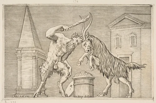 A satyr and a ram attacking each other, the satyr weilding a club with his right hand, a shield resting against a small column at center, buildings in the background by Marco Dente, print, 1510-1532