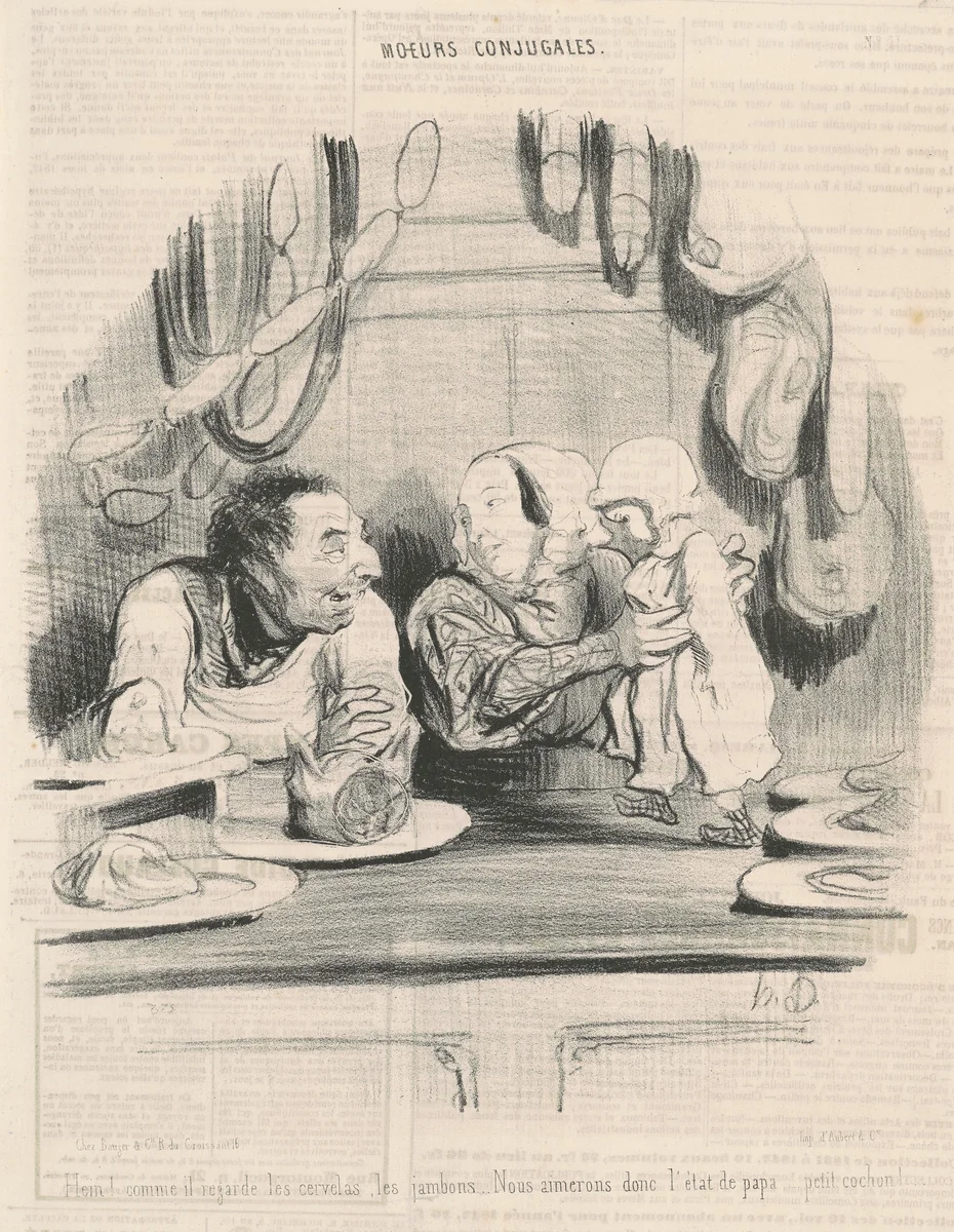 Hein! comme il regarde les cervelas... by Honoré Daumier, print, 1842