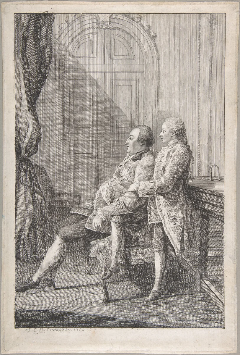 Portrait of Louis-Philippe, Duc d'Orleans and His Son Louis-Phillipe Joseph, Duc de Chartres by Louis de Carmontelle, print, 1759