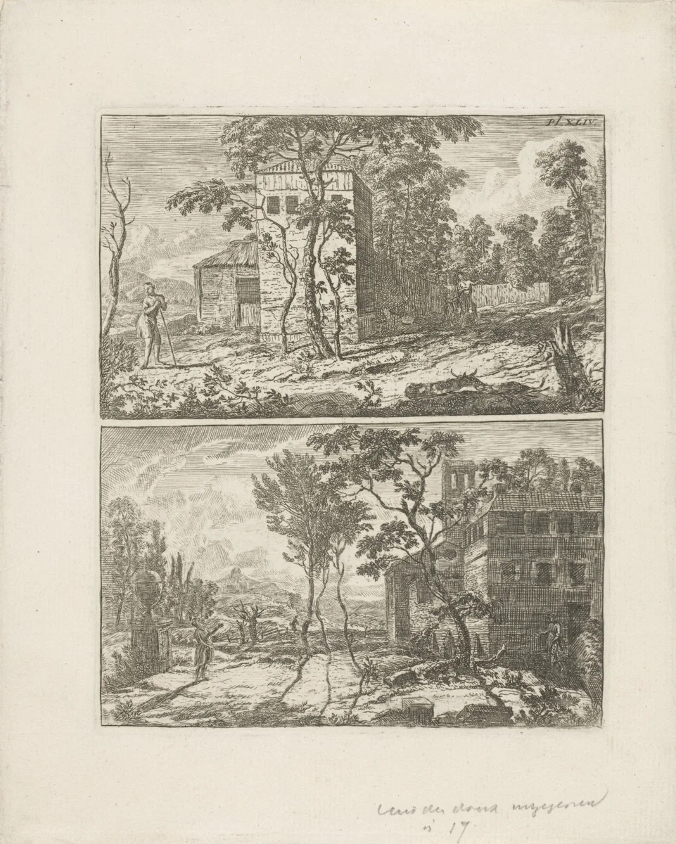 Twee landschappen met gebouwen by Albert Meyering, print, 1707-1757