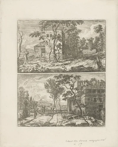 Twee landschappen met gebouwen by Albert Meyering, print, 1707-1757