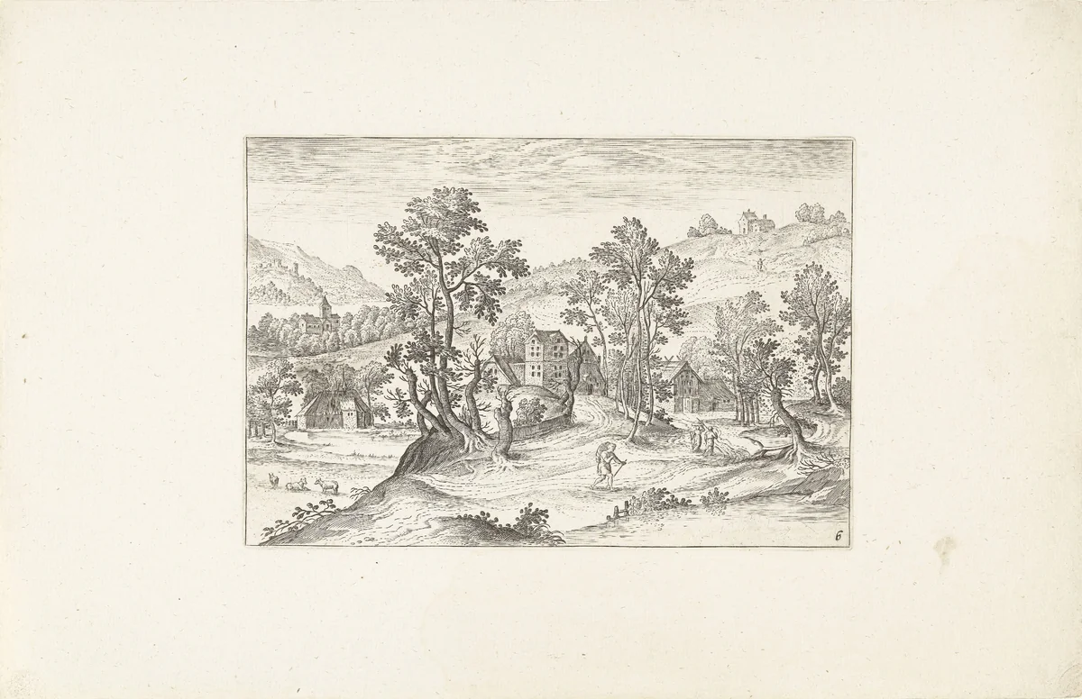 Landschap met wandelaars by Adriaen Collaert, print, 1578-1618