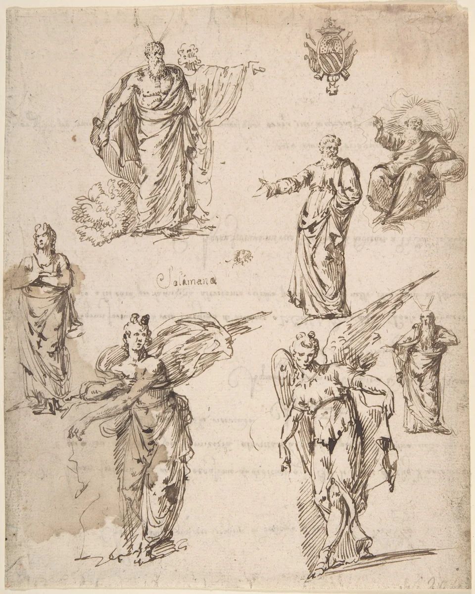 Sheet of Studies with Angels and Religious Figures (recto); Draft of a Letter (verso) by anonymous, drawing, 1600-1699
