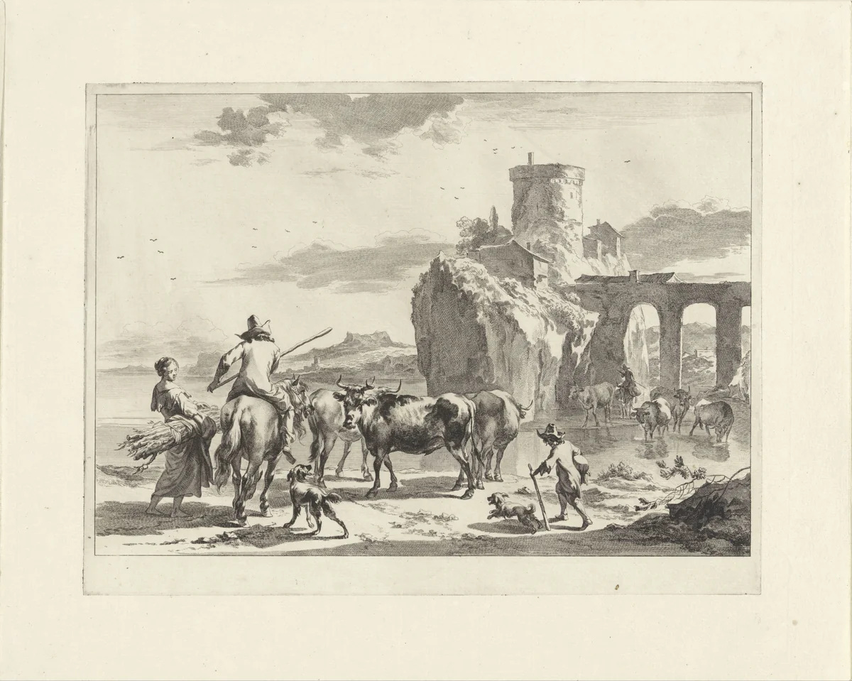 Doorwaadbare plaats bij een aquaduct by Jan de Visscher, print, 1643-1692