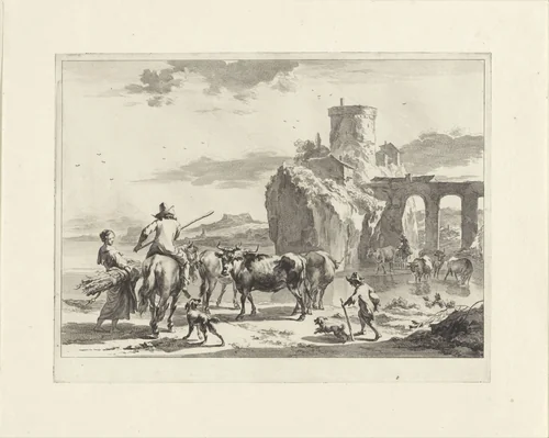 Doorwaadbare plaats bij een aquaduct by Jan de Visscher, print, 1643-1692