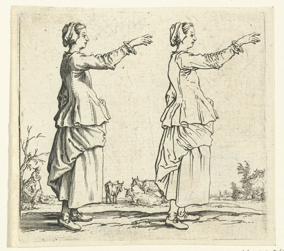 Tweemaal dezelfde boerin met opgeheven arm, op de rechterzijde gezien by Jacques Callot, print, 1621-1624