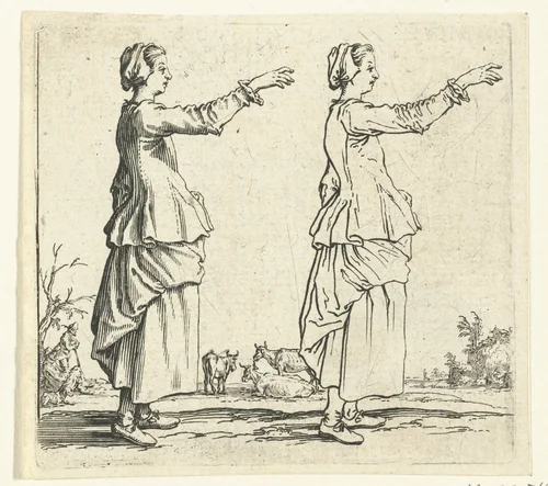 Tweemaal dezelfde boerin met opgeheven arm, op de rechterzijde gezien by Jacques Callot, print, 1621-1624