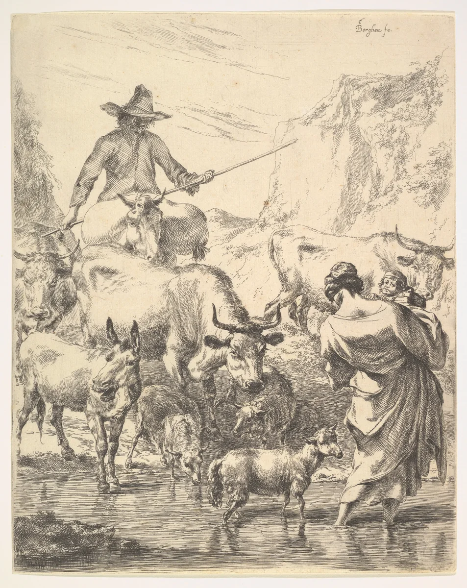Le Troupeau Traversant Le Ruisseau by Nicolaes Berchem, print, 1630-1683