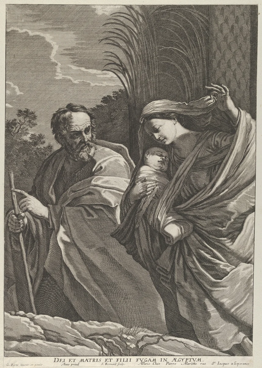 The Flight into Egypt; the Virgin carrying the infant Christ, Joseph pointing to the left, trees behind them, after Reni by Samuel Bernard, print, 1630-1657
