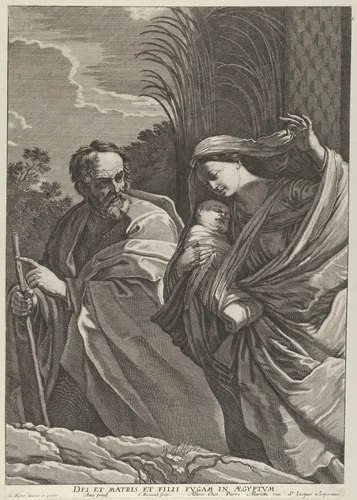 The Flight into Egypt; the Virgin carrying the infant Christ, Joseph pointing to the left, trees behind them, after Reni by Samuel Bernard, print, 1630-1657