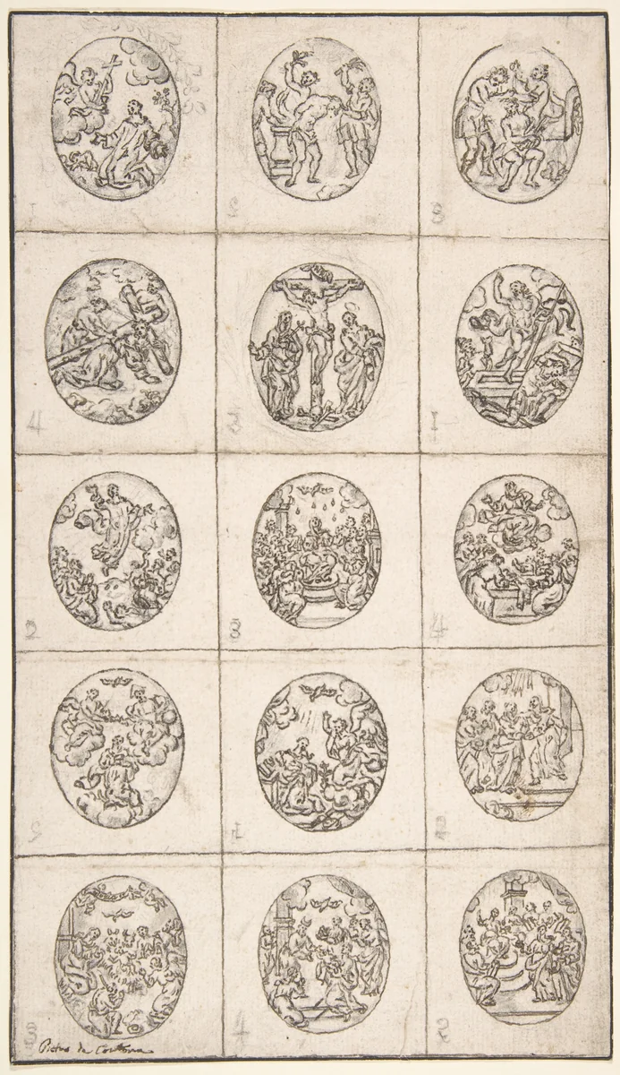 15 Oval Scenes From the Life of Christ and a Scene of a Saint Adoring the Holy Cross by anonymous, drawing, 1670-1740