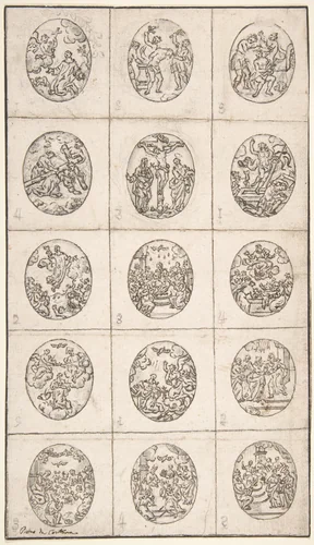 15 Oval Scenes From the Life of Christ and a Scene of a Saint Adoring the Holy Cross by anonymous, drawing, 1670-1740