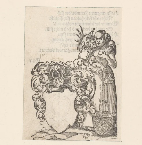 Leeg wapenschild met nar die vrouw omhelst als schildhouders by anonymous, print, 1579
