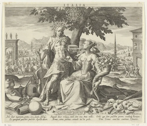 Italië, met Venus en Apollo by Unknown, print, 1588-1595