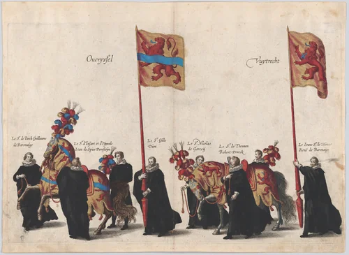 Plate 32: Men with heraldic flags and horses from Overijssel and Utrecht marching in the funeral procession of Archduke Albert of Austria; from 'Pompa Funebris ... Alberti Pii' by Cornelis Galle, print, 1623