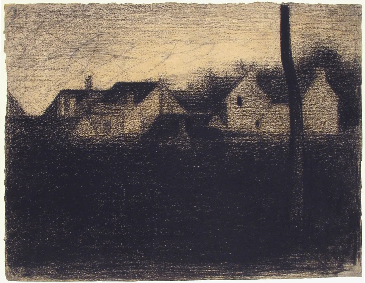 Landscape with Houses by Georges Seurat, drawing, 1881-1882