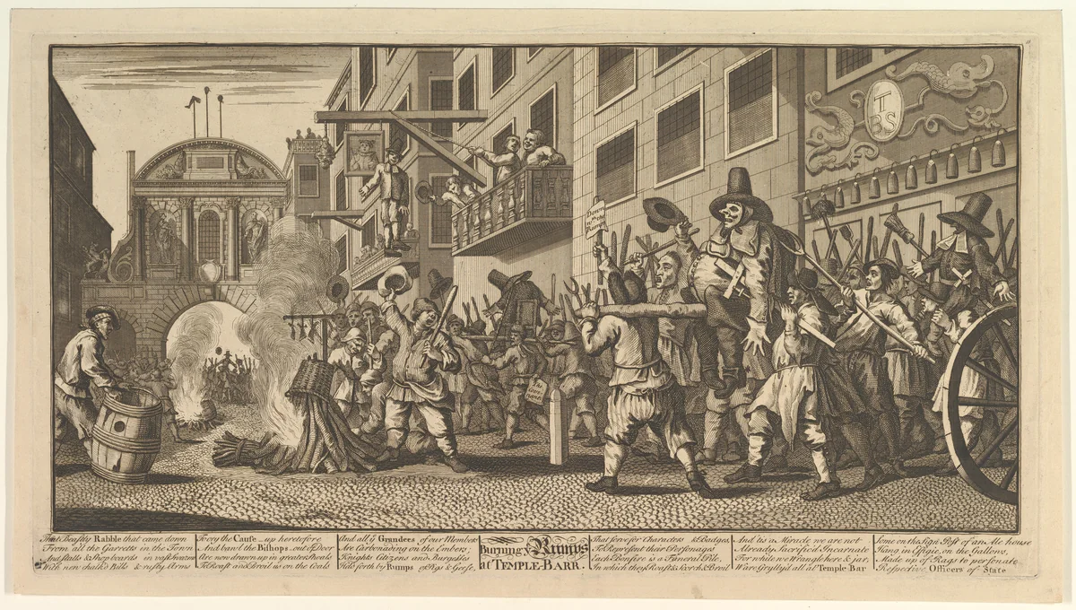 Burning the Rumps at Temple Bar (Twelve Large Illustrations for Samuel Butler's Hudibras, Plate 11) by William Hogarth, print, 1725-1768